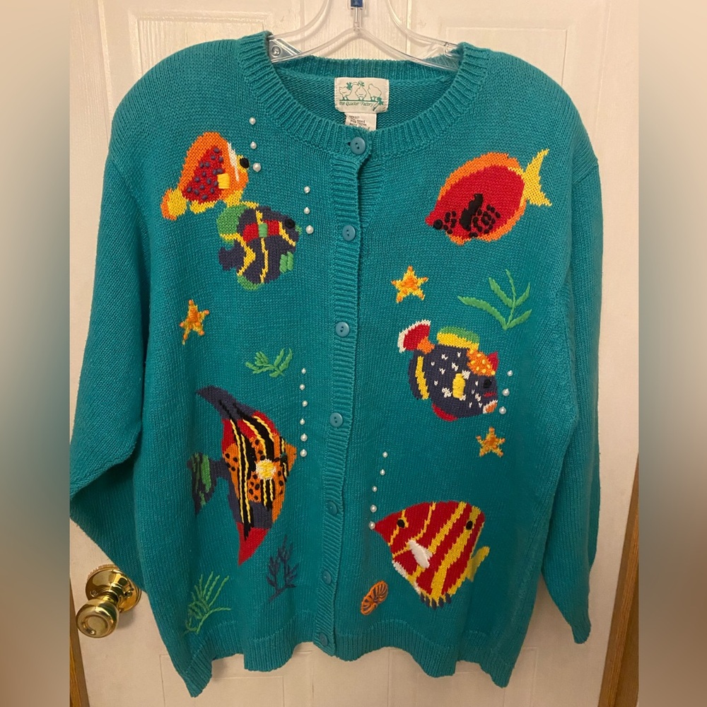 VTG Quacker Factory Teal Button-Front Tropical Fish Embroidered Cardigan